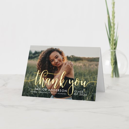 Modern Gold Script Afstuderen Foto bedankt Folie Wenskaart (Voorkant)
