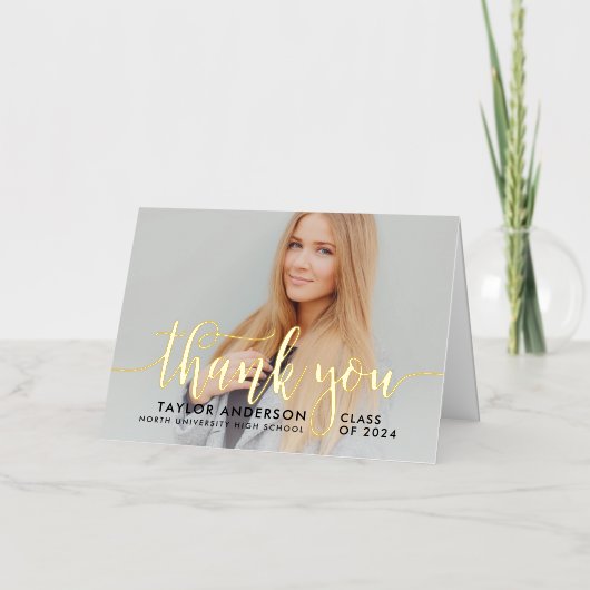 Modern Gold Script Afstuderen Foto bedankt Folie Wenskaart (Voorkant)