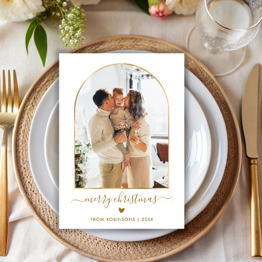 Modern Gold Script Arch 2 Foto Vrolijk Kerstfeest Feestdagenkaart
