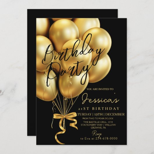 Modern Gold Script Black Birthday Party Kaart (Voorkant / Achterkant)