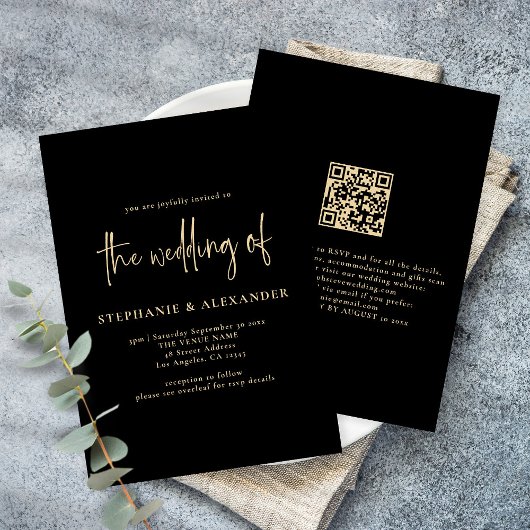 Modern Gold Script Black QR Code Weddenschap Kaart