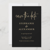 Modern Gold Script Black QR Code Weddenschap Save The Date (Voorkant)