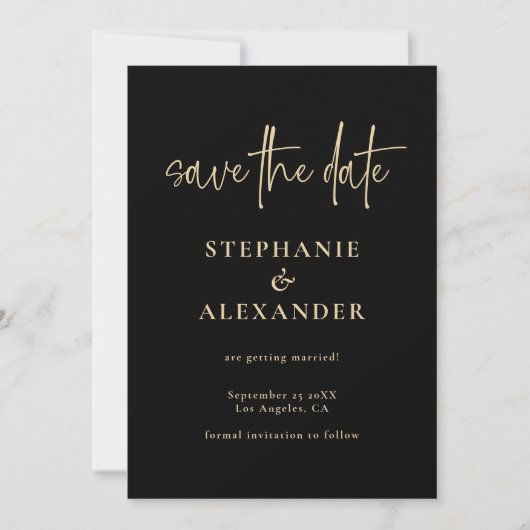Modern Gold Script Black QR Code Weddenschap Save The Date (Voorkant)