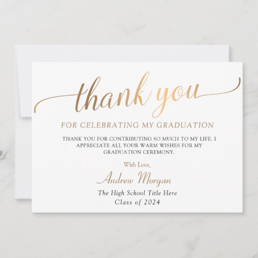 Modern Gold Script Black & White Afstuderen Bedankkaart (Voorkant)