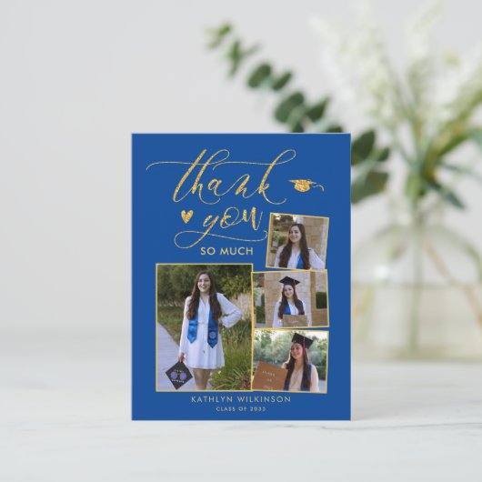 Modern Gold Script Blue Photo Afstuderen Hartelijk Briefkaart (Staand voorkant)