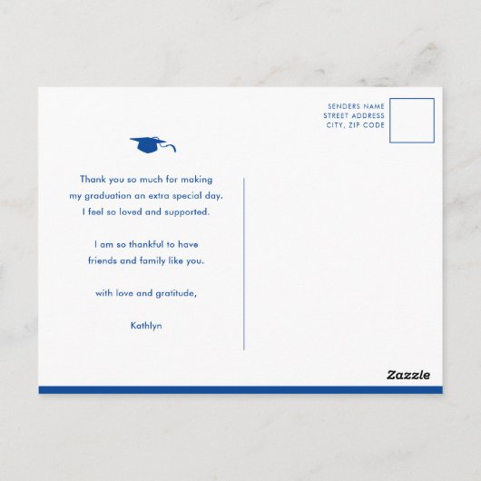 Modern Gold Script Blue Photo Afstuderen Hartelijk Briefkaart (Achterkant)