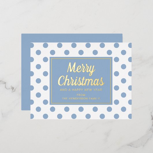 Modern Gold Script Blue Polka Dots Merry Kerstmis Folie Feestdagen Briefkaart (Voorkant / Achterkant)