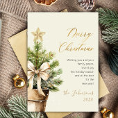 Modern Gold Script Bow Watercolor Christmas Tree Feestdagenkaart