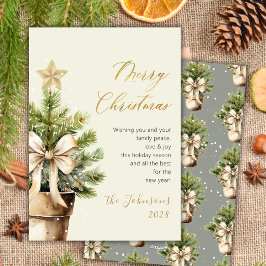 Modern Gold Script Bow Watercolor Christmas Tree Feestdagenkaart