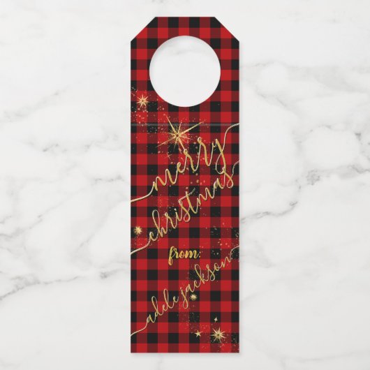 Modern Gold Script Buffalo Plaid Vrolijk Kerstfees Flessenhanger (Achterkant)