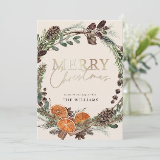 Modern Gold Script Citrus Krans Kerstmis Feestdagenkaart (Staand voorkant)