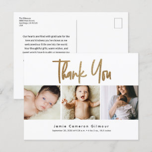 Modern Gold Script Custom 3 foto Baby Dank u Briefkaart