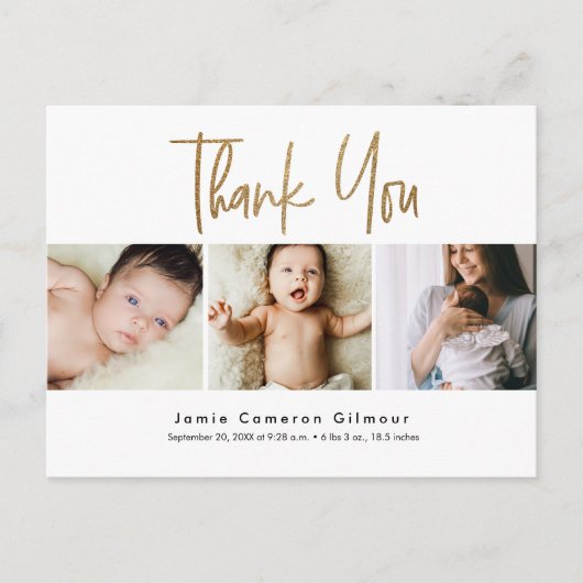 Modern Gold Script Custom 3 foto Baby Dank u Briefkaart (Voorkant)