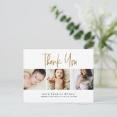 Modern Gold Script Custom 3 foto Baby Dank u Briefkaart (Staand voorkant)