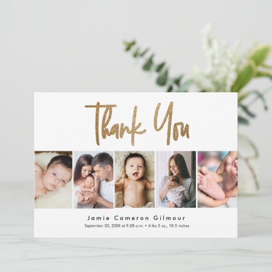 Modern Gold Script Custom 5 foto Baby Bedankkaart (Staand voorkant)