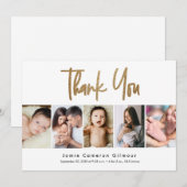 Modern Gold Script Custom 5 foto Baby Bedankkaart (Voorkant / Achterkant)