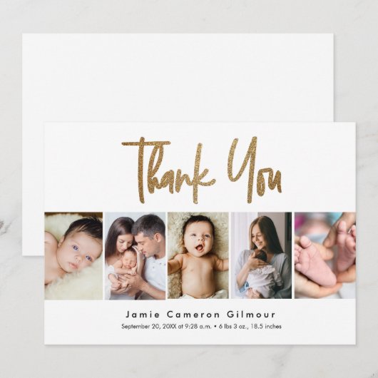 Modern Gold Script Custom 5 foto Baby Bedankkaart (Voorkant / Achterkant)