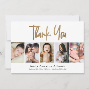 Modern Gold Script Custom 5 foto Baby Bedankkaart