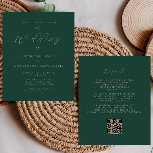 Modern Gold Script Emerald Green QR Code Wedding