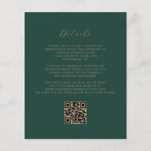Modern Gold Script Emerald Green QR Code Wedding (Achterkant)