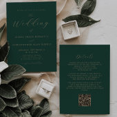 Modern Gold Script Emerald Green QR Code Wedding Kaart