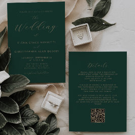 Modern Gold Script Emerald Green QR Code Wedding Kaart