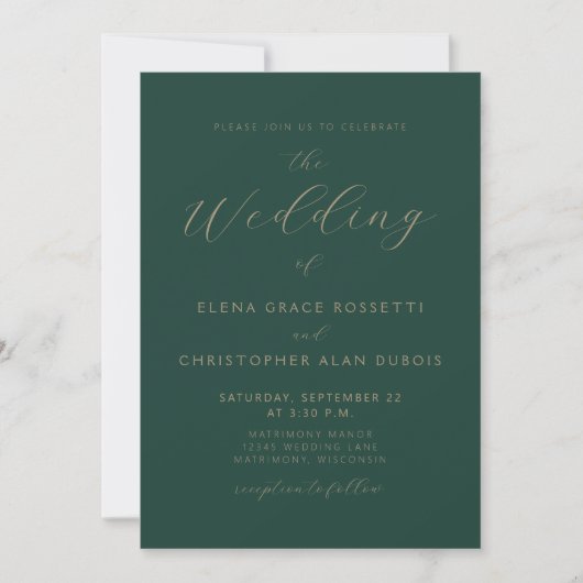 Modern Gold Script Emerald Green QR Code Wedding Kaart (Voorkant)