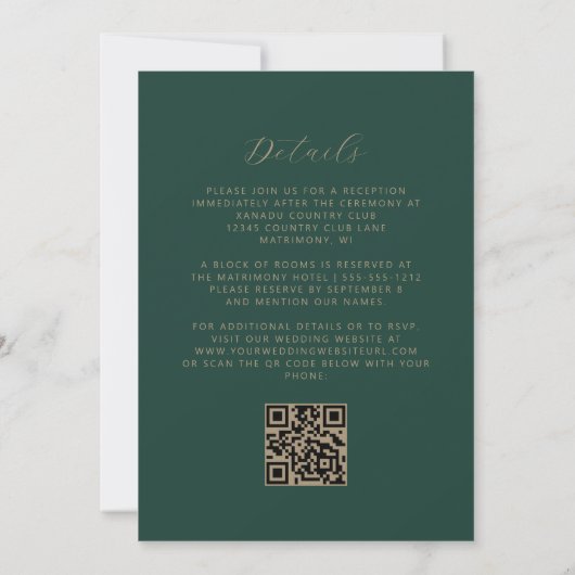 Modern Gold Script Emerald Green QR Code Wedding Kaart (Achterkant)