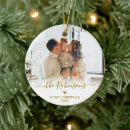 Modern Gold Script Familiefoto Vrolijk Kerstfeest Keramisch Ornament