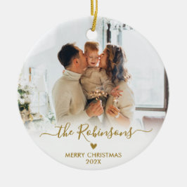 Modern Gold Script Familiefoto Vrolijk Kerstfeest Keramisch Ornament