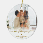 Modern Gold Script Familiefoto Vrolijk Kerstfeest Keramisch Ornament (Links)