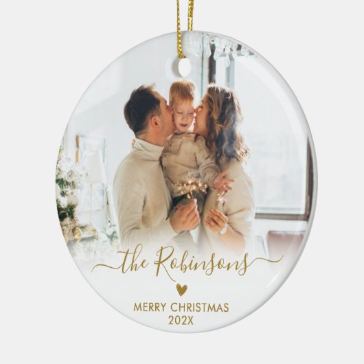 Modern Gold Script Familiefoto Vrolijk Kerstfeest Keramisch Ornament (Links)