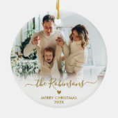 Modern Gold Script Familiefoto Vrolijk Kerstfeest Keramisch Ornament (Achterkant)