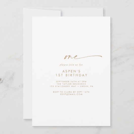 Modern Gold Script First Birthday Party Invitation Kaart (Voorkant)