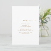Modern Gold Script First Birthday Party Invitation Kaart (Staand voorkant)