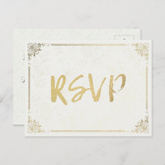 Modern Gold Script Floral Lijst Wedding RSVP Antwo Uitnodiging Briefkaart (Voorkant / Achterkant)