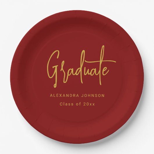 Modern Gold Script Graduation Party Red Custom Papieren Bordje (Voorkant)