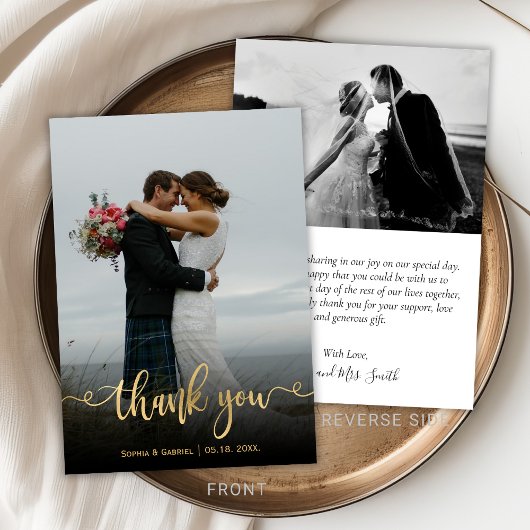 Modern Gold Script Hand Lettered Weddenfoto Bedankkaart