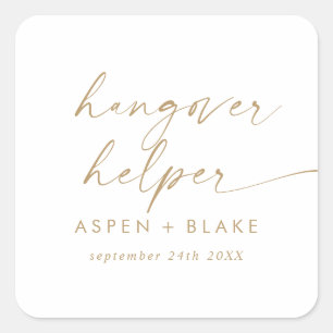 Modern Gold Script Hangover Helper Wedding Favor Vierkante Sticker