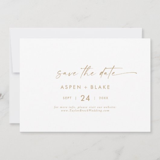 Modern Gold Script horizontaal sparen de Datum Save The Date (Voorkant)