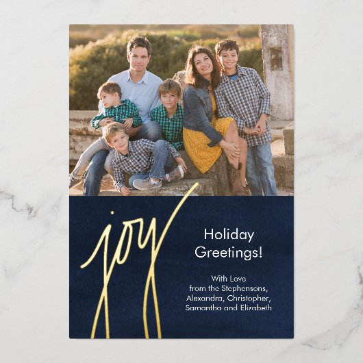 Modern Gold Script Joy Holiday Photo Card Folie Feestdagenkaart (Voorkant)