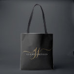 Modern Gold Script Monogram Initialen Zwart Tote Bag<br><div class="desc">Een elegante minimalistische stijl monogrammed canvas tas, met een sans serif naam en elegante gouden swash script initialen op zwart.</div>