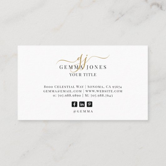 Modern Gold Script Monogram Zwarte Naam Visitekaartje (Achterkant)