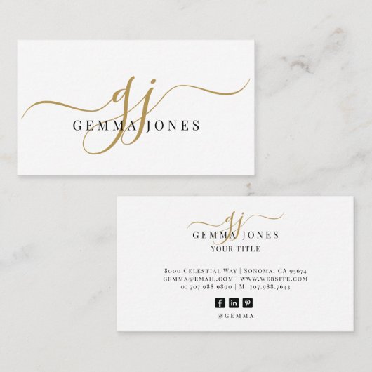 Modern Gold Script Monogram Zwarte Naam Visitekaartje (Voorkant / Achterkant)