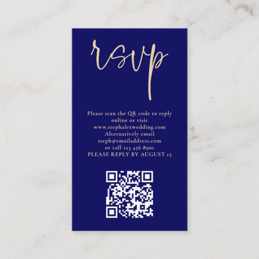 Modern Gold Script Navy Blue QR Code Weddenschap R Informatiekaartje (Voorkant)