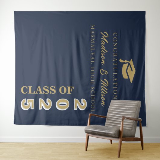 Modern Gold Script Navy Blue Twin Afstuderen Wandkleed (In Situ (horizontaal))