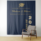 Modern Gold Script Navy Blue Twin Afstuderen Wandkleed (In situ)