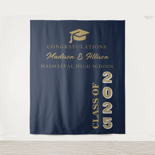 Modern Gold Script Navy Blue Twin Afstuderen Wandkleed (Voorkant)