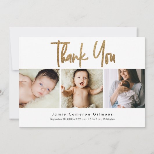 Modern Gold Script Newborn Baby Photo Collage Aankondiging (Voorkant)