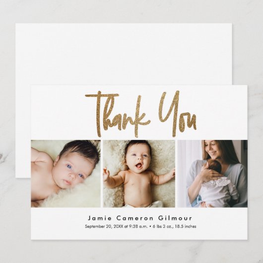 Modern Gold Script Newborn Baby Photo Collage Aankondiging (Voorkant / Achterkant)